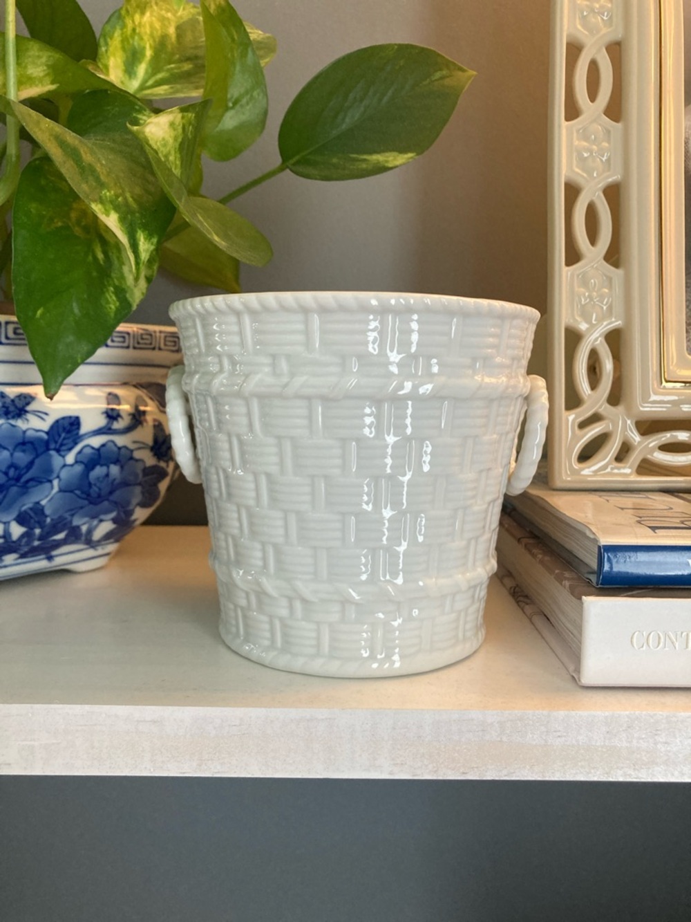 White Ceramic Basketweave Planter with Handles